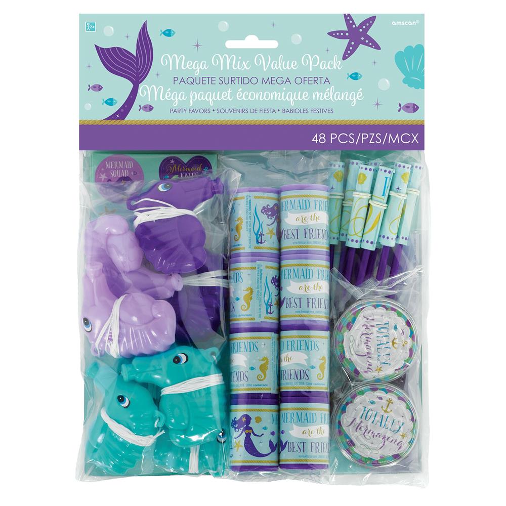 Assorted Little Mermaid-themed party favors including teal shark plush, purple shell containers, and wrapped candy sticks in .