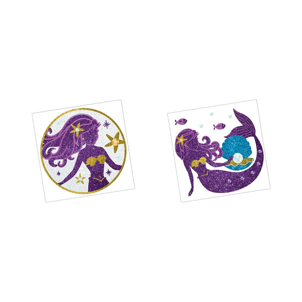 Two purple glittery mermaid body stickers with gold star accents, one holding a star wand, the other with a blue seashell.