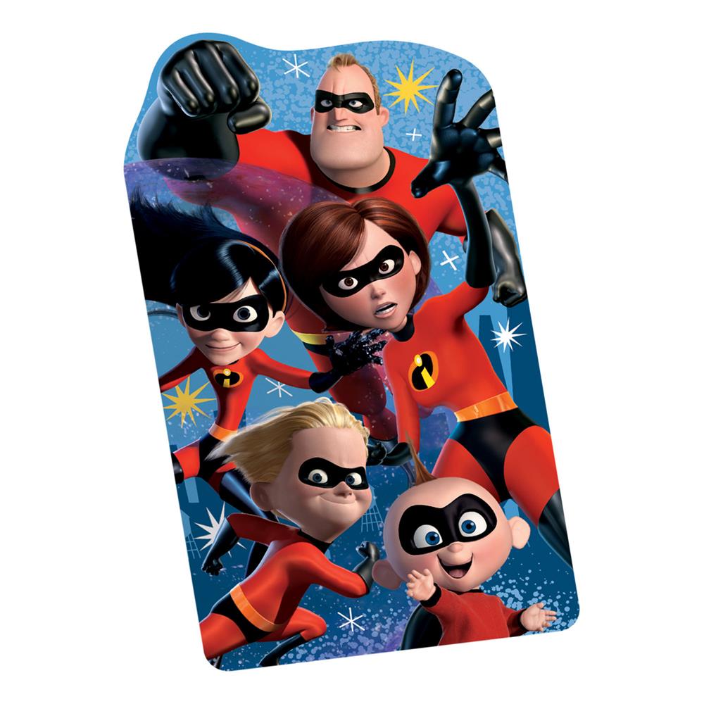 Die-cut notepad shaped like Incredibles characters in red and black superhero costumes on a blue starry background.