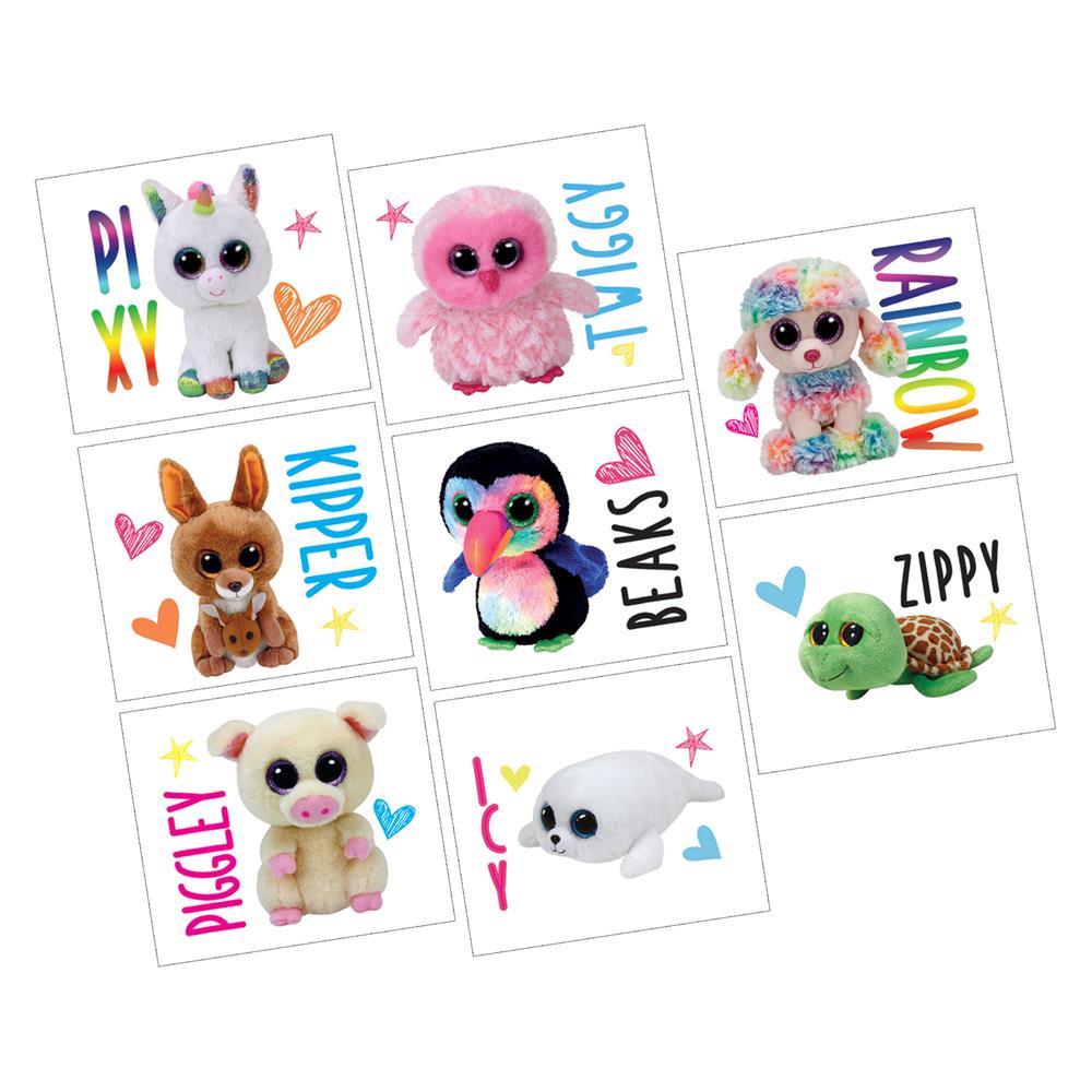 Colorful temporary tattoos featuring cute plush animal characters like a unicorn, owl, dog, toucan, turtle, and seal with.
