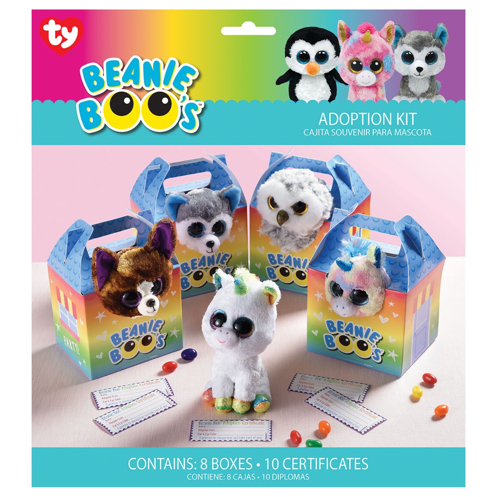 Set of five colorful Beanie Boos plush animals including unicorn, penguin, owl, tiger, and dog, each in a small house-shaped