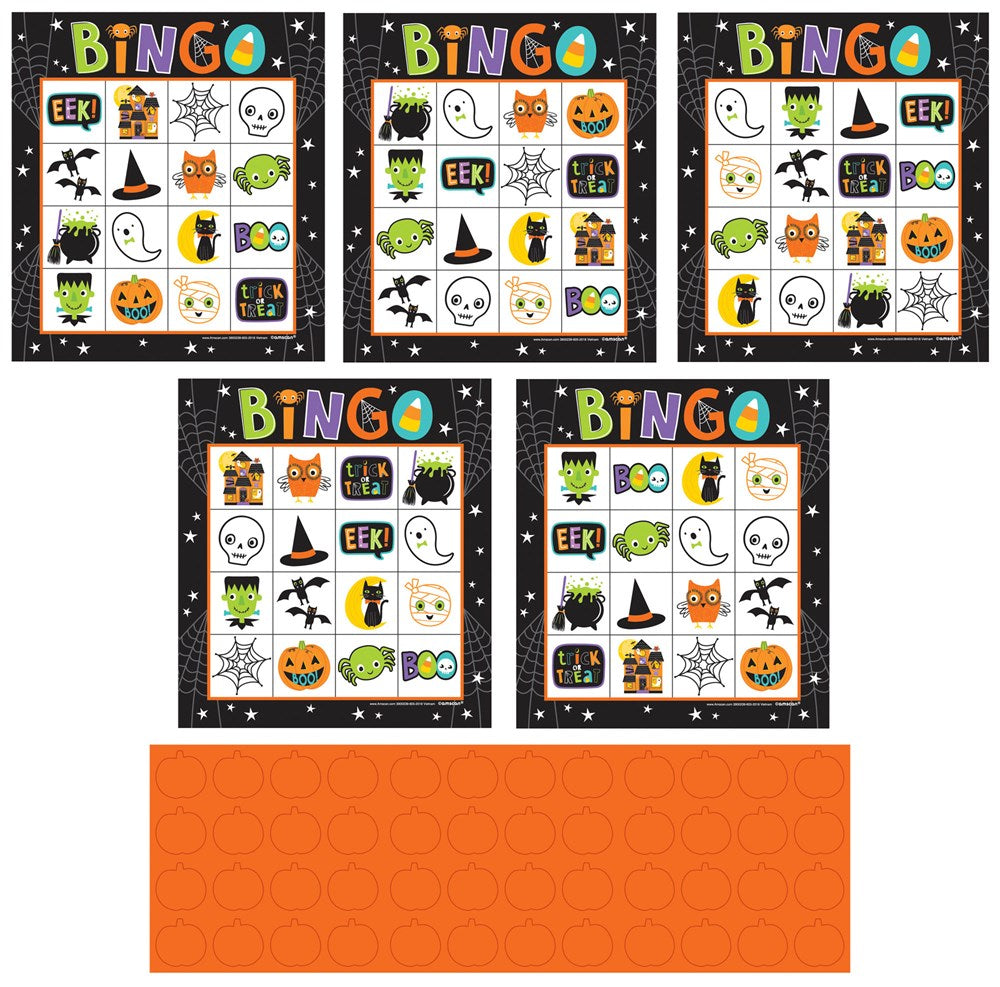 Set of five Halloween-themed bingo cards featuring colorful illustrations of pumpkins, ghosts, witches' hats, bats, spiders,