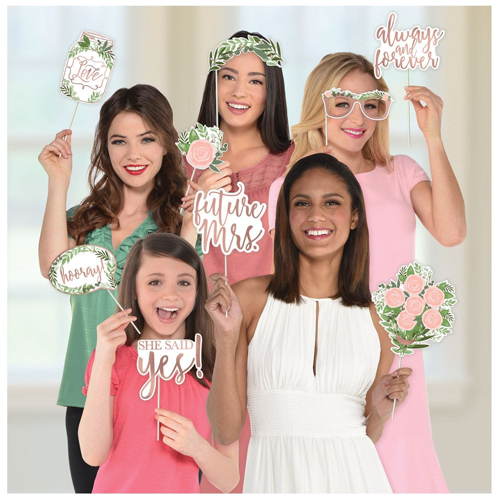 Set of 13 photo props with leaf and floral designs in green and pink, featuring phrases like "Future Mrs," "Always Forever,"