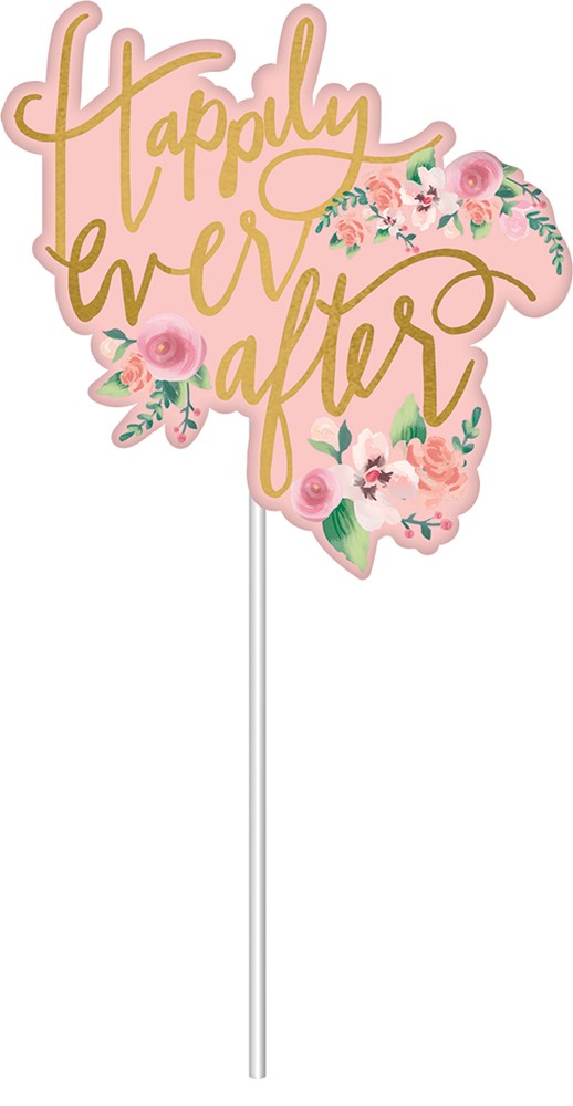 Pastel mint-colored cake topper with gold cursive "Happily ever after" text and pink floral accents on white stick.