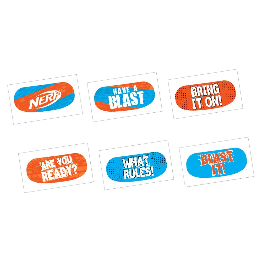 Set of six rectangular Nerf temporary tattoos in orange and blue with phrases like "Have a Blast" and "Bring It On".
