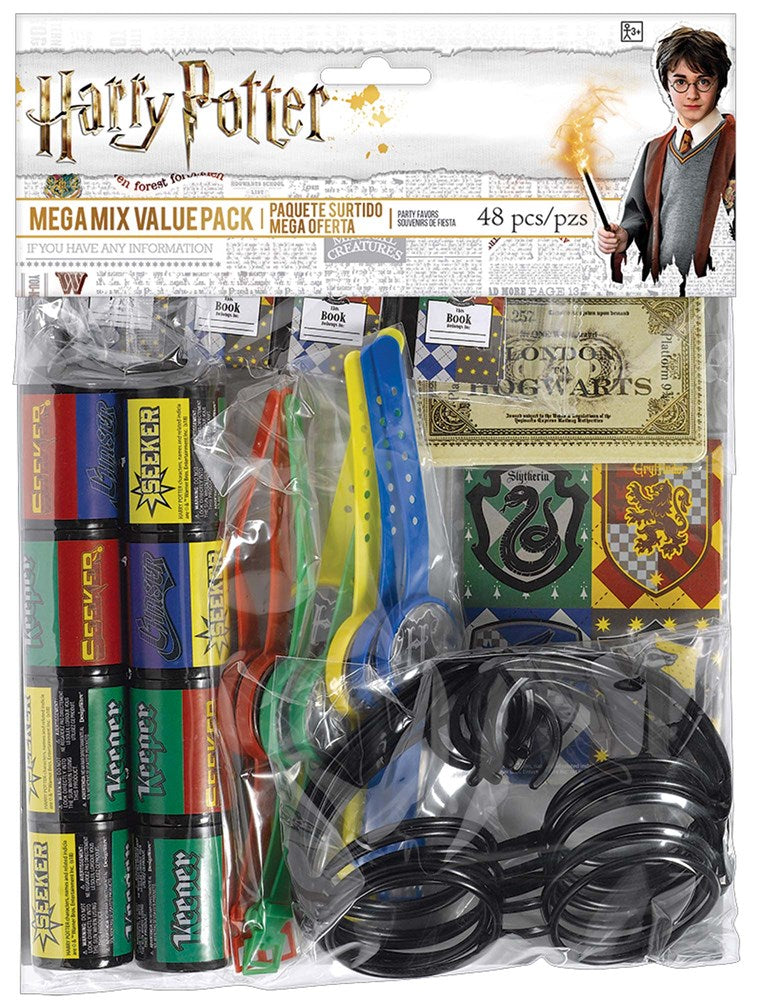 Harry Potter Mega Mix 48-piece party favor pack with themed bracelets, stamps, and stickers in colorful packaging.