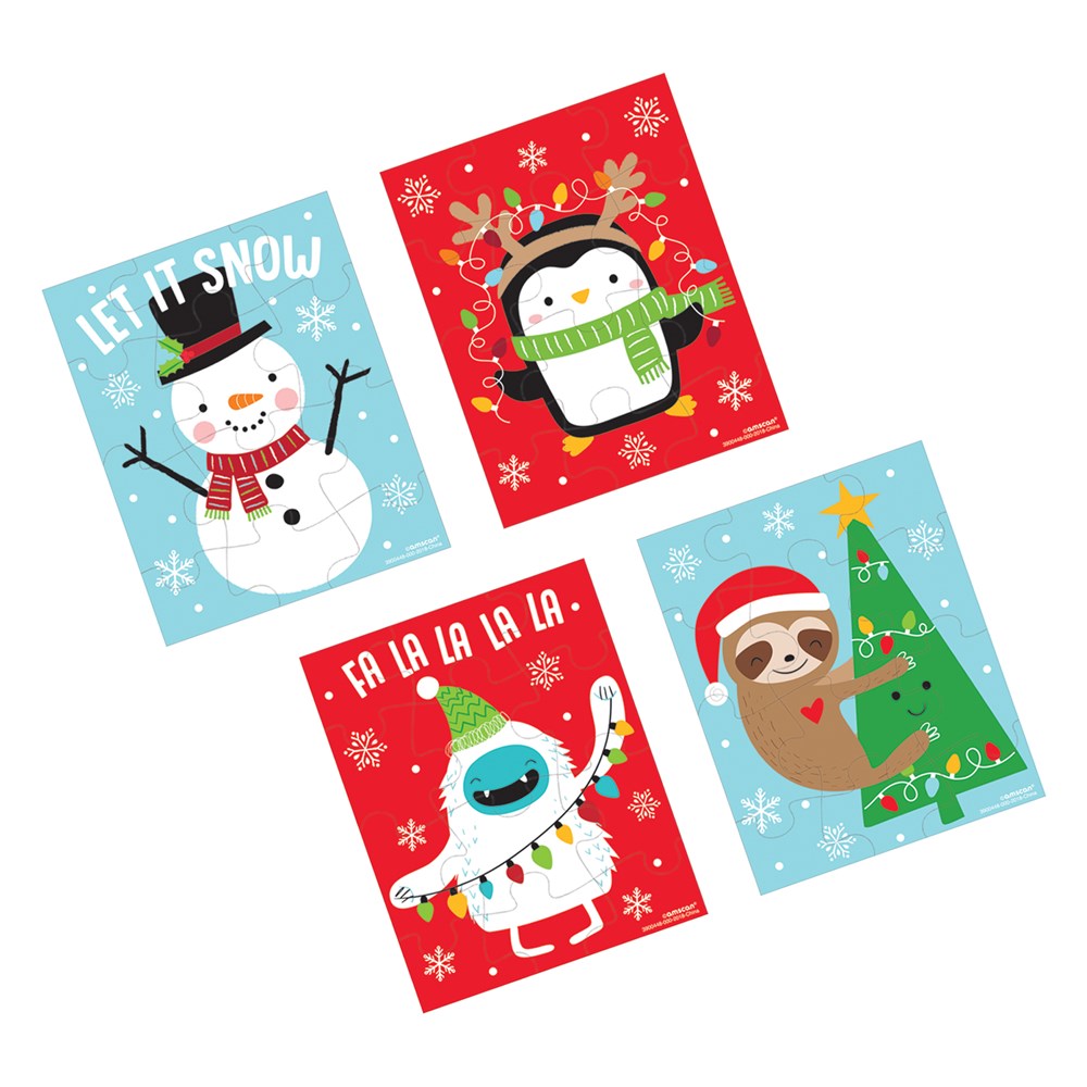Set of four colorful Christmas puzzles featuring a snowman, penguin, festive bird, and sloth decorating a tree, each with.