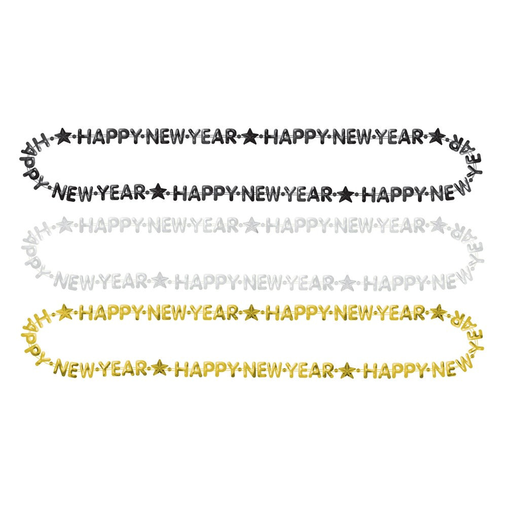 Three strands of festive beads in black, silver, and gold with "Happy New Year" text and star accents.