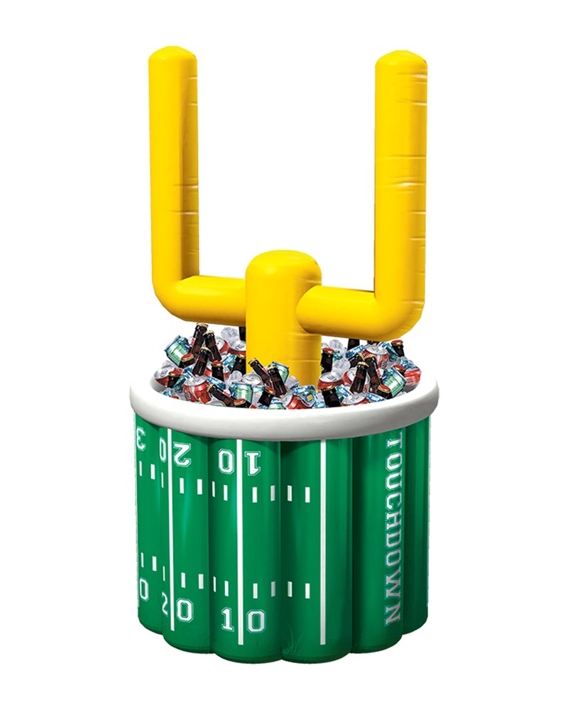 Green inflatable cooler shaped like a football field with white yard lines and a yellow goalpost, filled with cans.