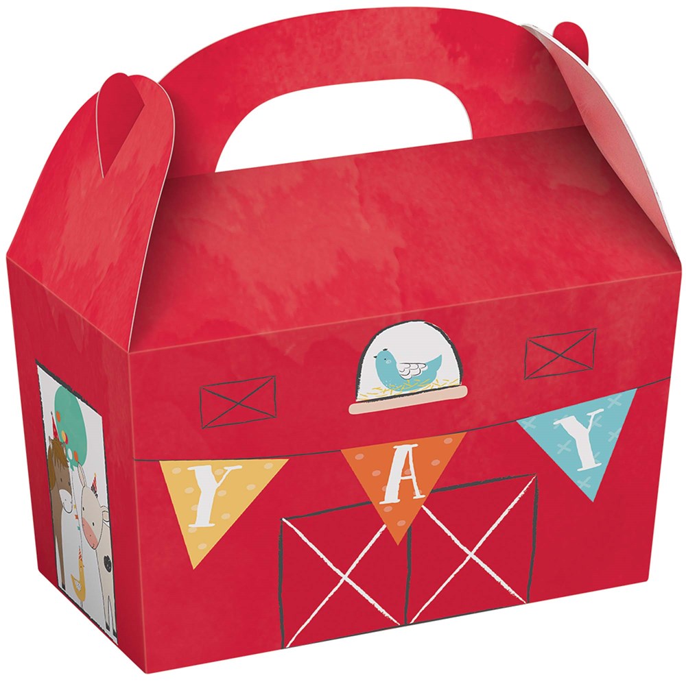 Red cardboard barn-shaped treat box with handle, colorful pennant flags, and animal illustrations on sides.
