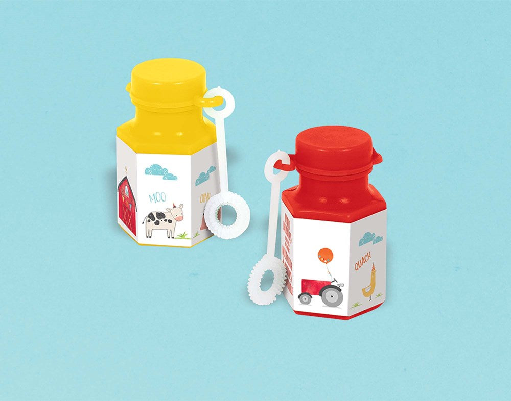 Two small plastic bubble bottles, one yellow and one red, with animal-themed labels and attached white bubble wands.