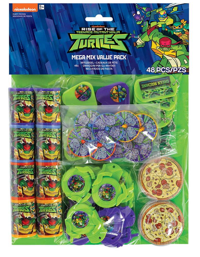 Rise of The Teenage Mutant Ninja Turtles party favor pack with stickers, noisemakers, pizza slice erasers, and green.