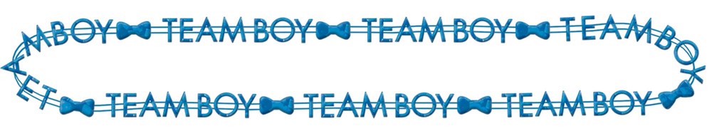 Blue bead necklace with repeating "TEAM BOY" text and small bow tie charms.