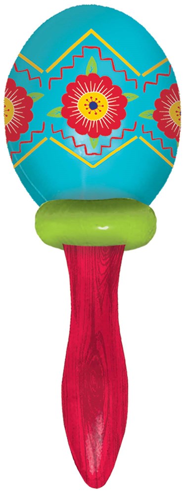 Bright blue oval maraca with red flower pattern, lime green band, and red wooden handle.
