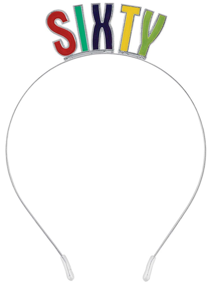 Silver metal headband with colorful letters spelling "SIXTY" in red, blue, yellow, and green.