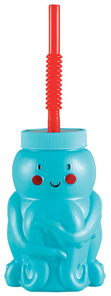 Blue octopus-shaped plastic sippy cup with red spiral straw and smiling face.