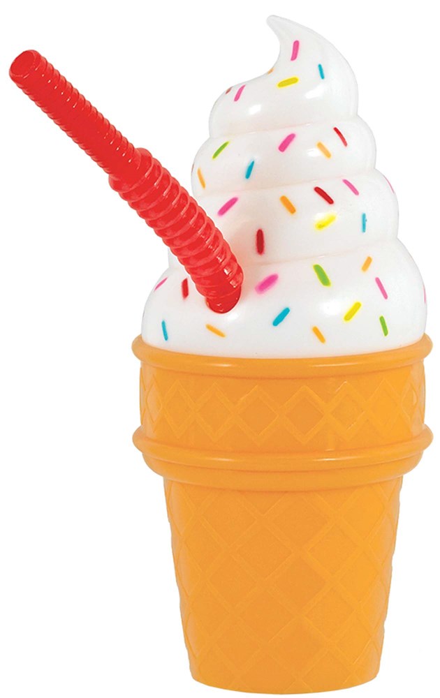 Orange plastic cup shaped like a waffle cone with white swirl lid decorated with colorful sprinkles and red flexible straw.
