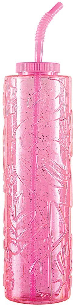Tall pink plastic tumbler with embossed flamingo design and flexible straw.
