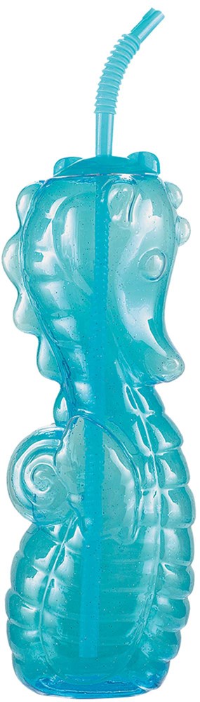 Tall blue translucent plastic cup shaped like a seahorse with a flexible straw attached at the top.