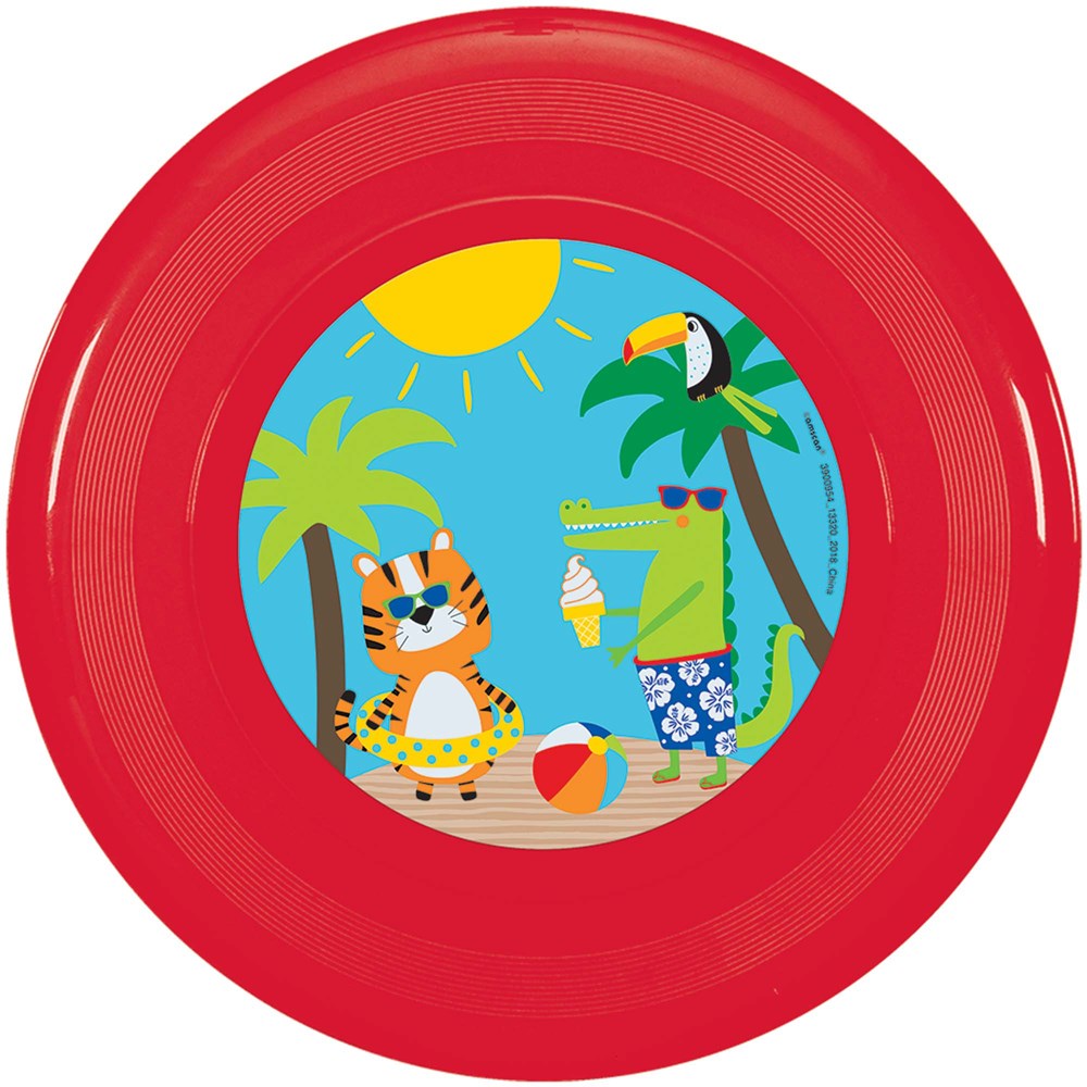 Red flying disk with jungle animals including a tiger and crocodile under a bright sun on blue background.