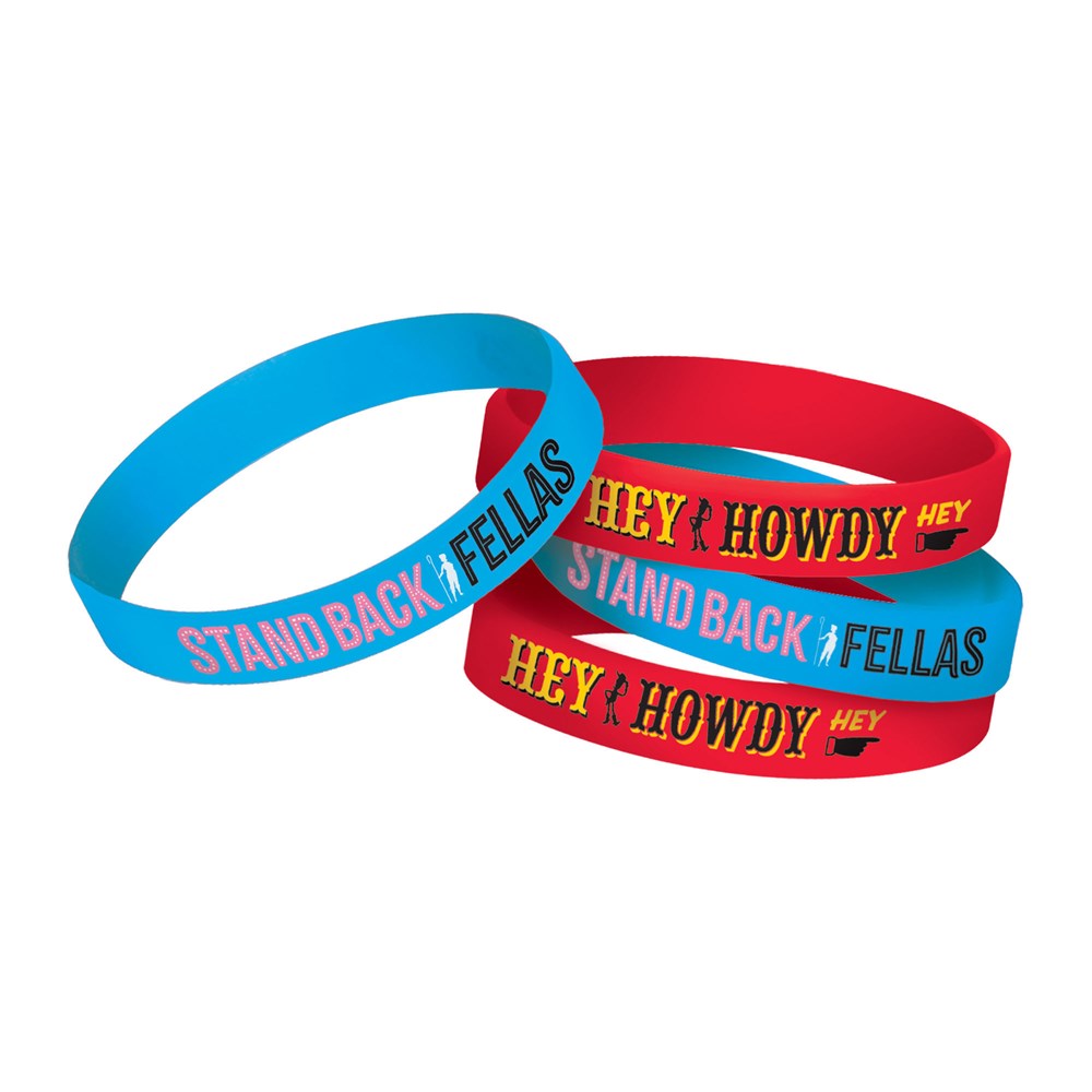 Set of four Toy Story 4 rubber bracelets in blue and red with phrases "STAND BACK FELLAS" and "HEY HOWDY" in bold yellow and