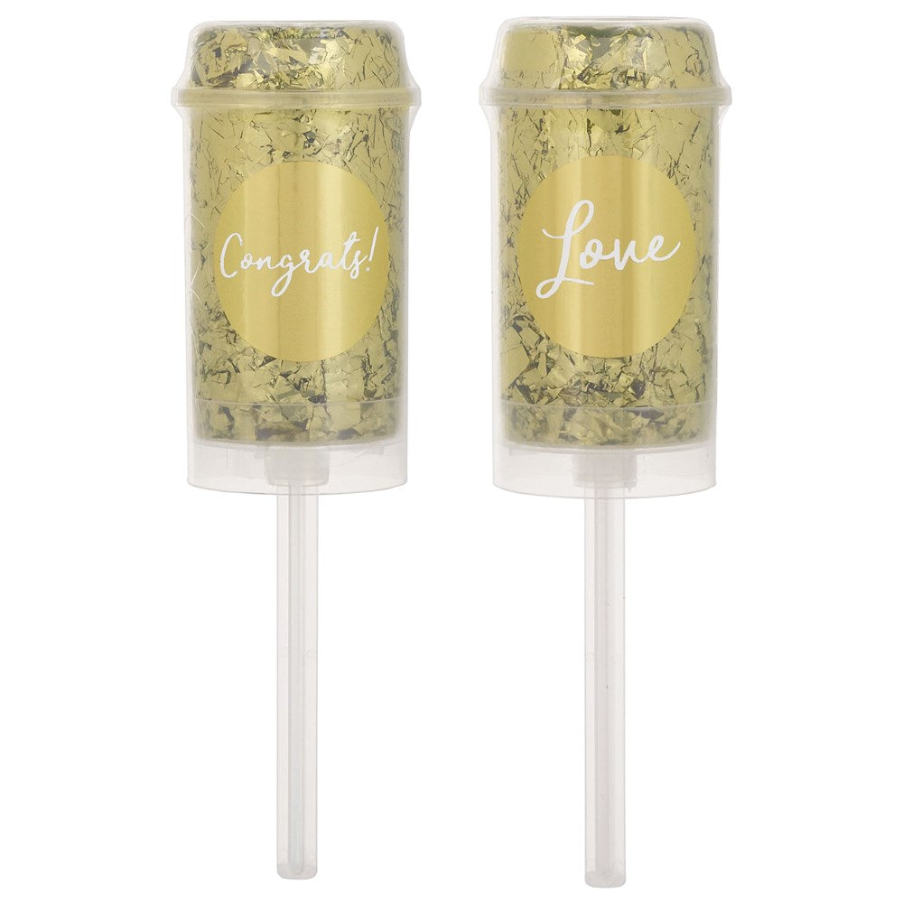 Gold confetti push poppers with clear plastic handles, labeled "Congrats!" and "Love" in white script.