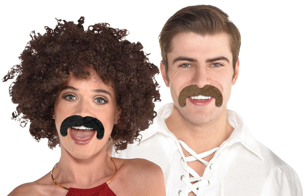 Set of two novelty stick-on moustaches in black and brown worn by smiling young adults against white background.