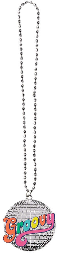 Silver-tone bead necklace with a round pendant featuring colorful "Groovy" text in retro font.