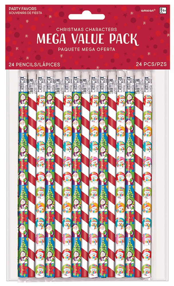Set of 24 Christmas-themed wooden pencils with red, green, and white patterns featuring holiday characters and decorations.