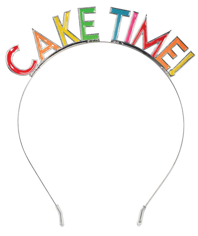 Metal headband with colorful, block letter spelling "CAKE TIME!" in red, yellow, orange, green, blue, and pink colors.
