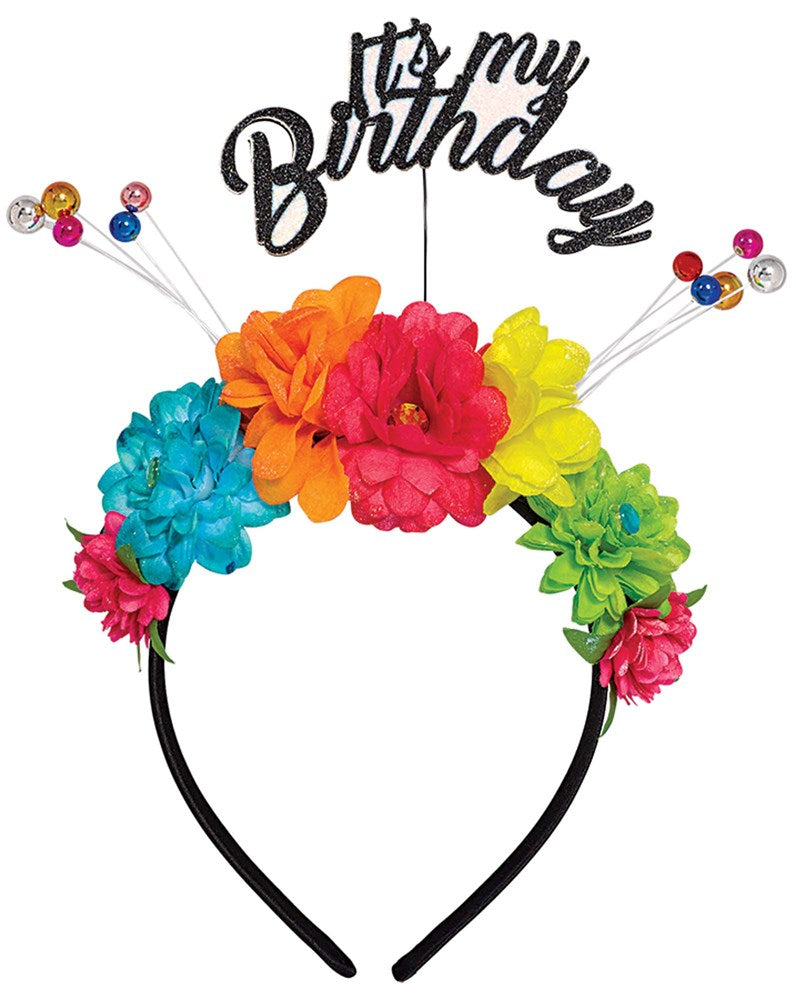 Black headband with colorful fabric flowers and glittery black "It's my Birthday" text topper with attached multicolored.