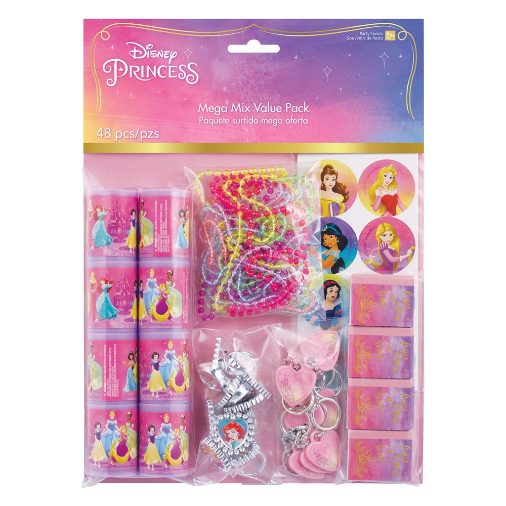 Assorted Disney Princess-themed party favors including pink and purple bracelets, colorful bead necklaces, princess.