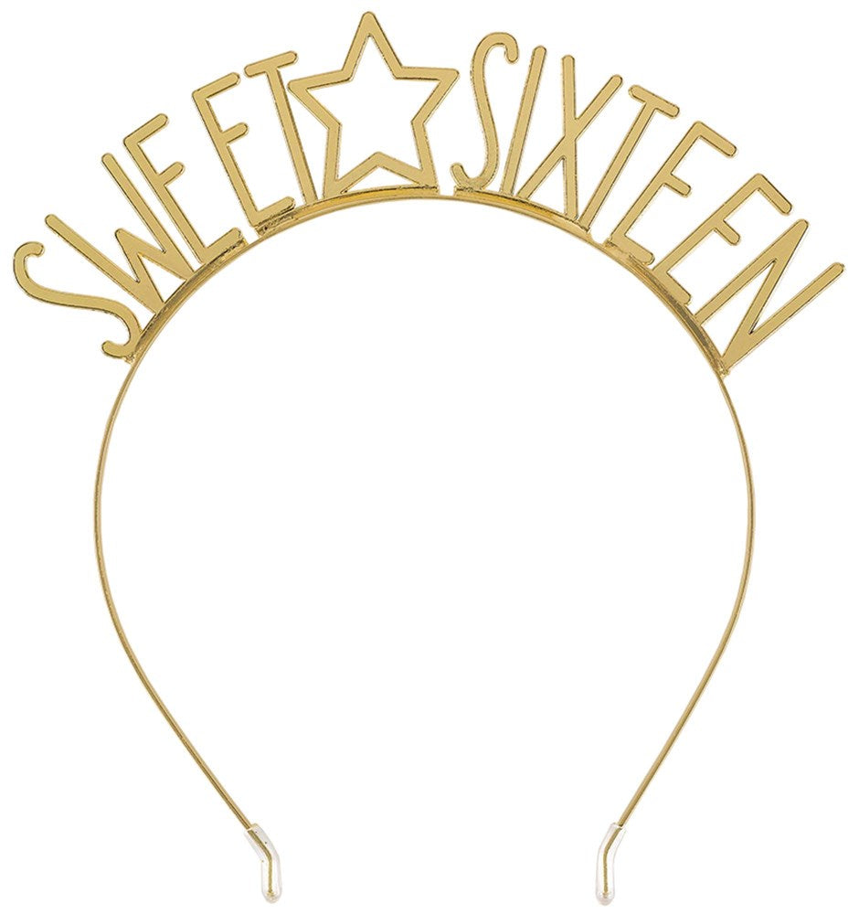 Gold metal headband with "SWEET SIXTEEN" text and a star shape in the center.