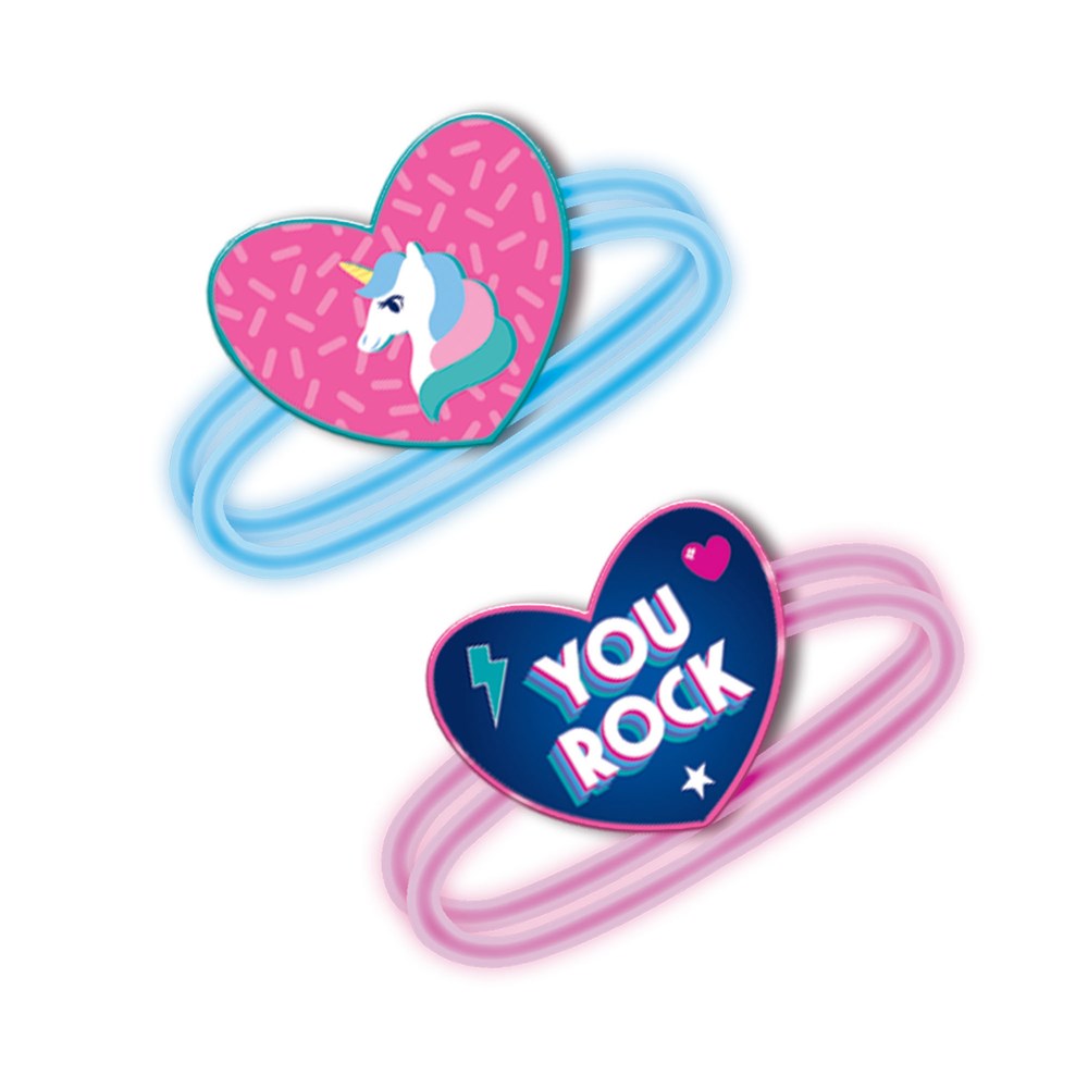 Pair of heart-shaped glow bracelets featuring a pink unicorn on blue and "You Rock" text on dark blue backgrounds.