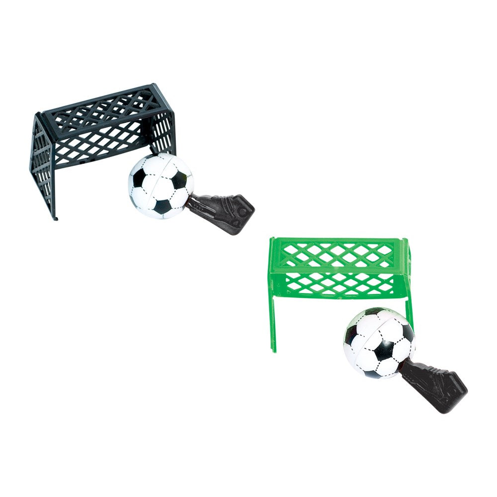 Black and green mini tabletop soccer goals with black and white soccer balls and small black paddles.