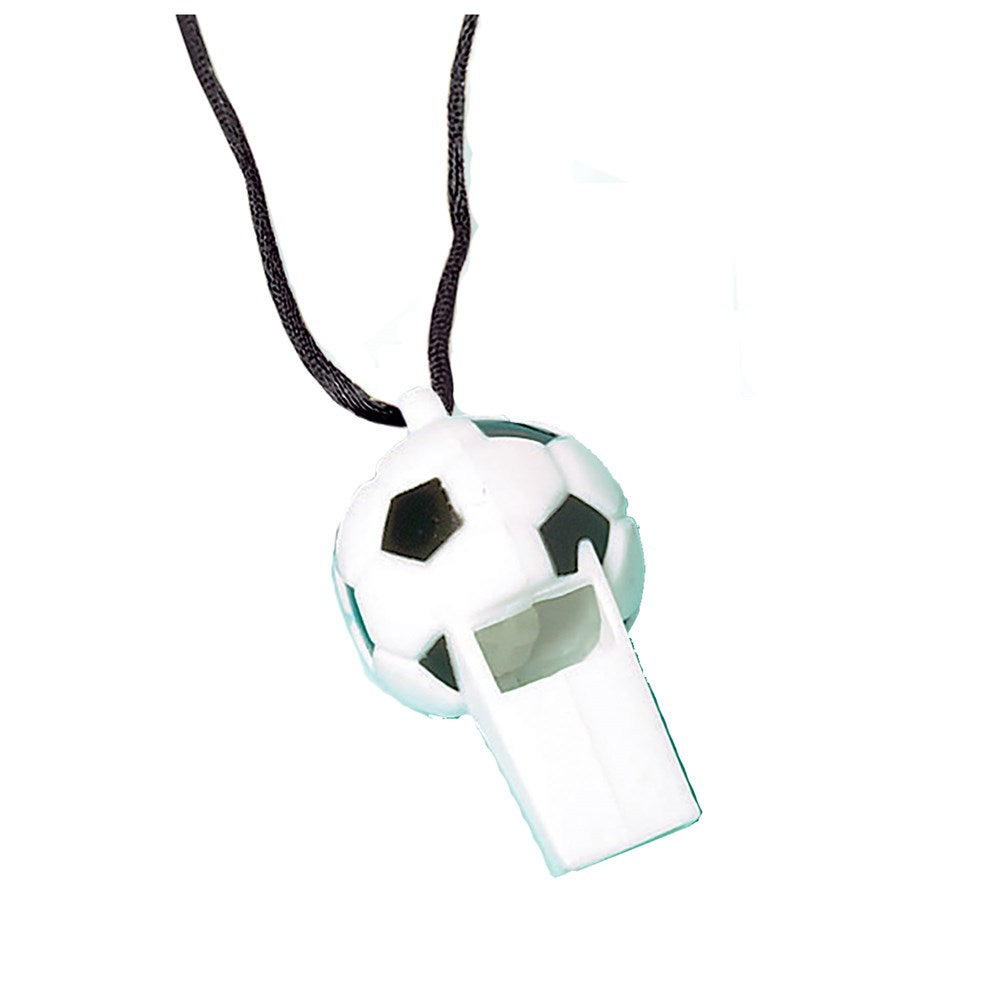 White plastic whistle attached to a black cord, featuring a soccer ball design on top with black pentagon patches on a white