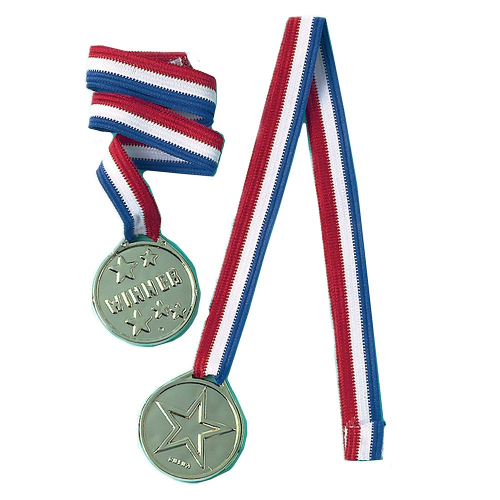 Set of round gold medals with embossed star and "WINNER" text on red, white, and blue striped ribbons.