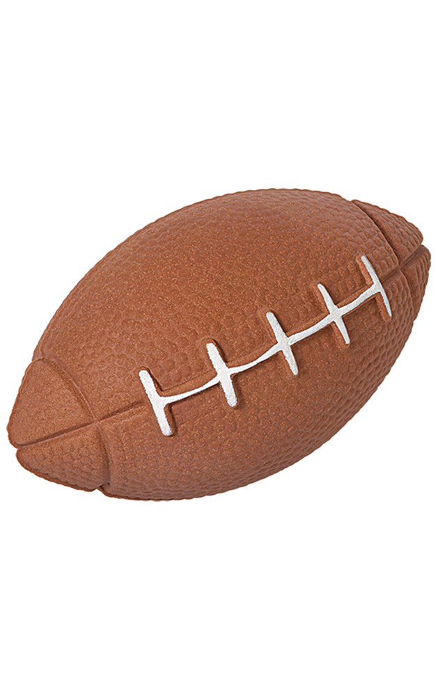 Set of four brown sponge footballs with white stitching detail, soft and lightweight for kids.
