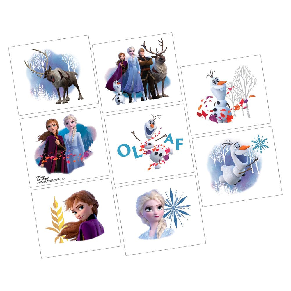 Set of eight Disney Frozen 2 temporary tattoos featuring characters Elsa, Anna, Olaf, and Sven with winter-themed designs in