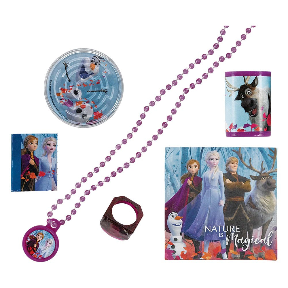 Disney Frozen 2 party set with purple bead necklace, Olaf plate, character ring, small gift bag, and square napkin featuring