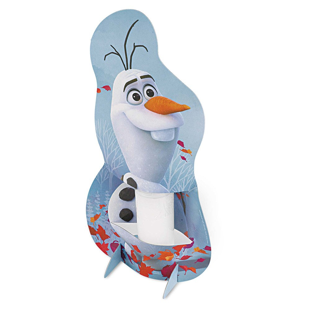 Blue cardboard holder shaped like Olaf from Frozen with a white glitter putty container inside.