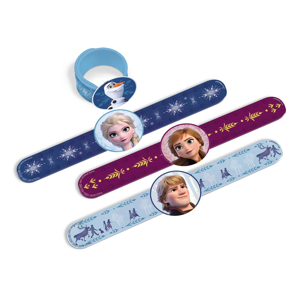Set of four Disney Frozen 2 slap bracelets featuring characters Olaf, Elsa, Anna, and Kristoff with snowflake and icy.