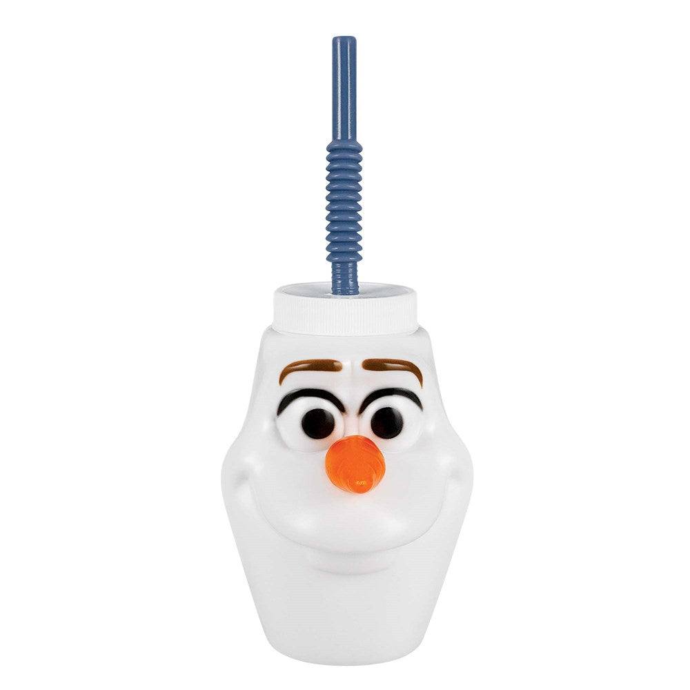 White plastic sippy cup shaped like Olaf’s head with black eyes, brown eyebrows, orange carrot nose, and blue flexible straw.