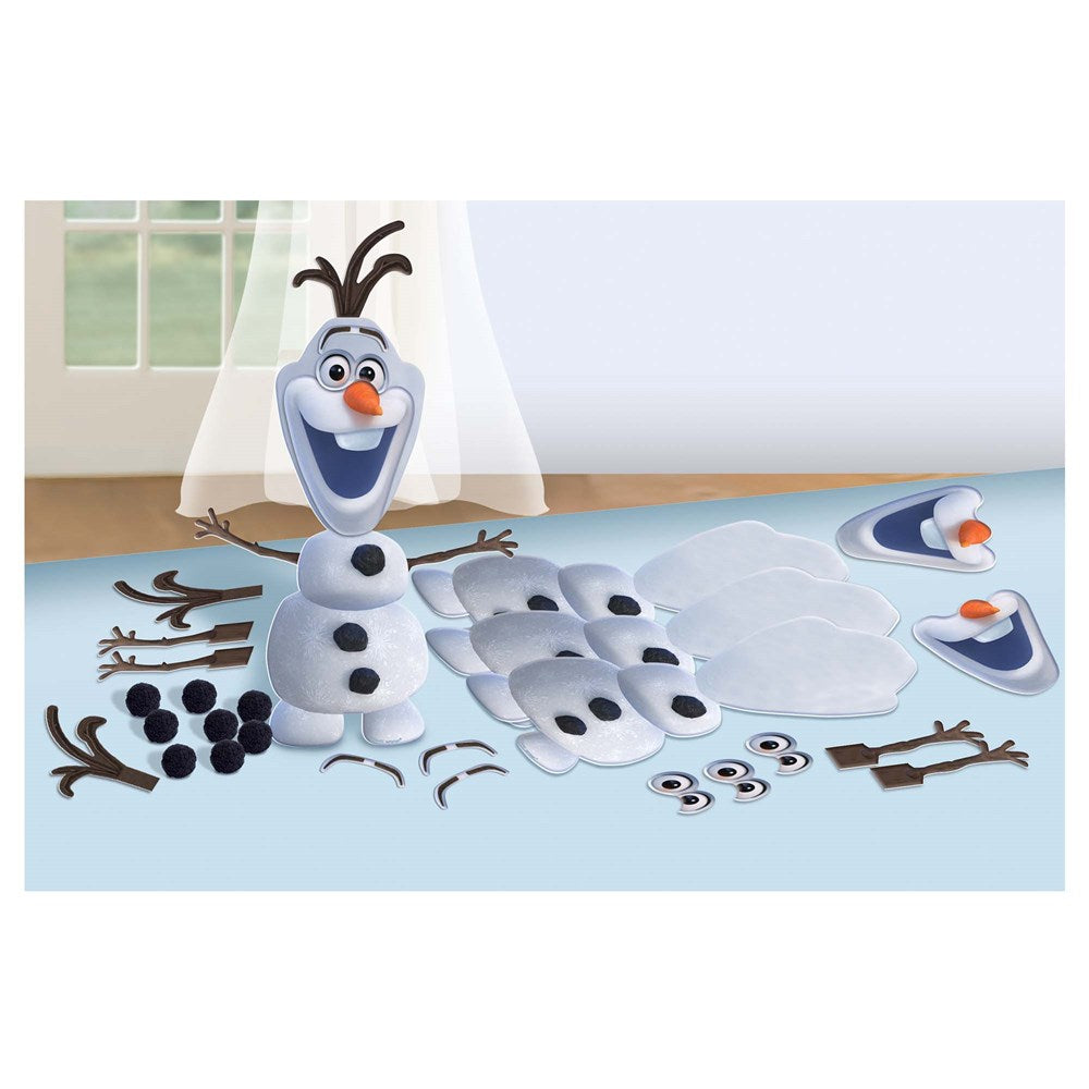 Disney Frozen 2 Olaf snowman craft kit with foam body pieces, eyes, arms, nose, and mouth parts on blue background.