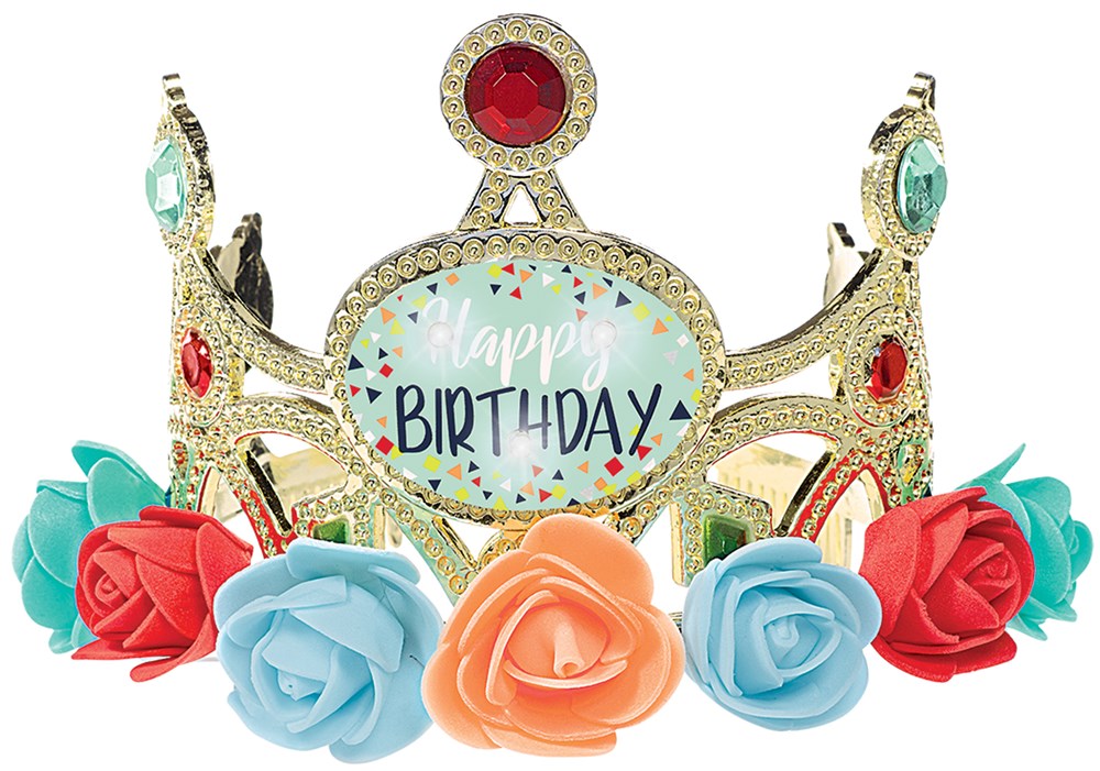 Gold glitter birthday tiara with colorful faux gemstones and pastel rose decorations, heart center reads "Happy Birthday".