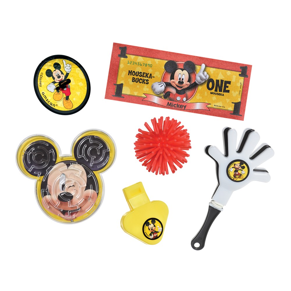 Disney Mickey Mouse party favor pack with red ticket, yellow whistle, black and white glove clapper, red puffer ball, and.