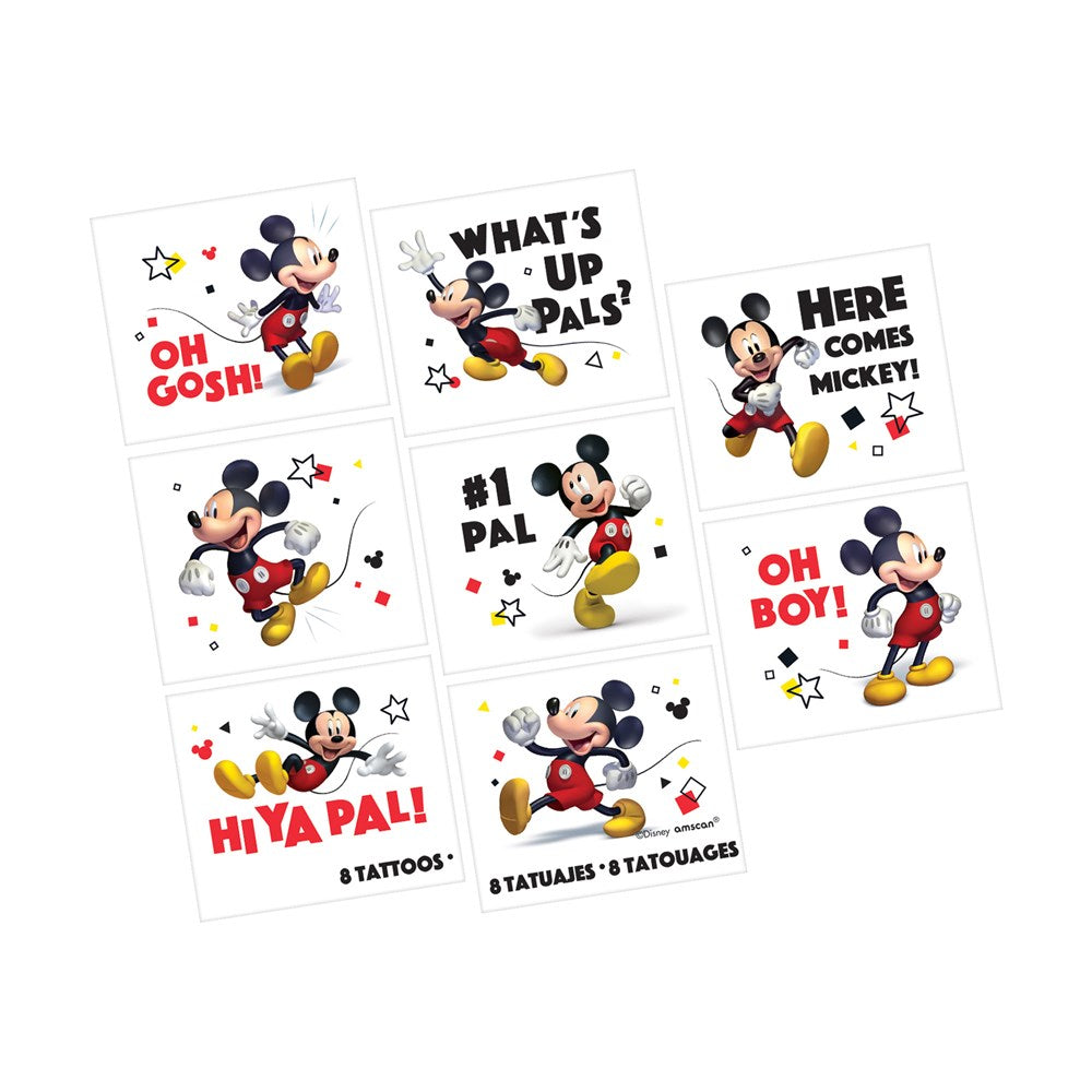 Sheet of eight colorful temporary tattoos featuring Mickey Mouse in various poses with playful text phrases and star accents.