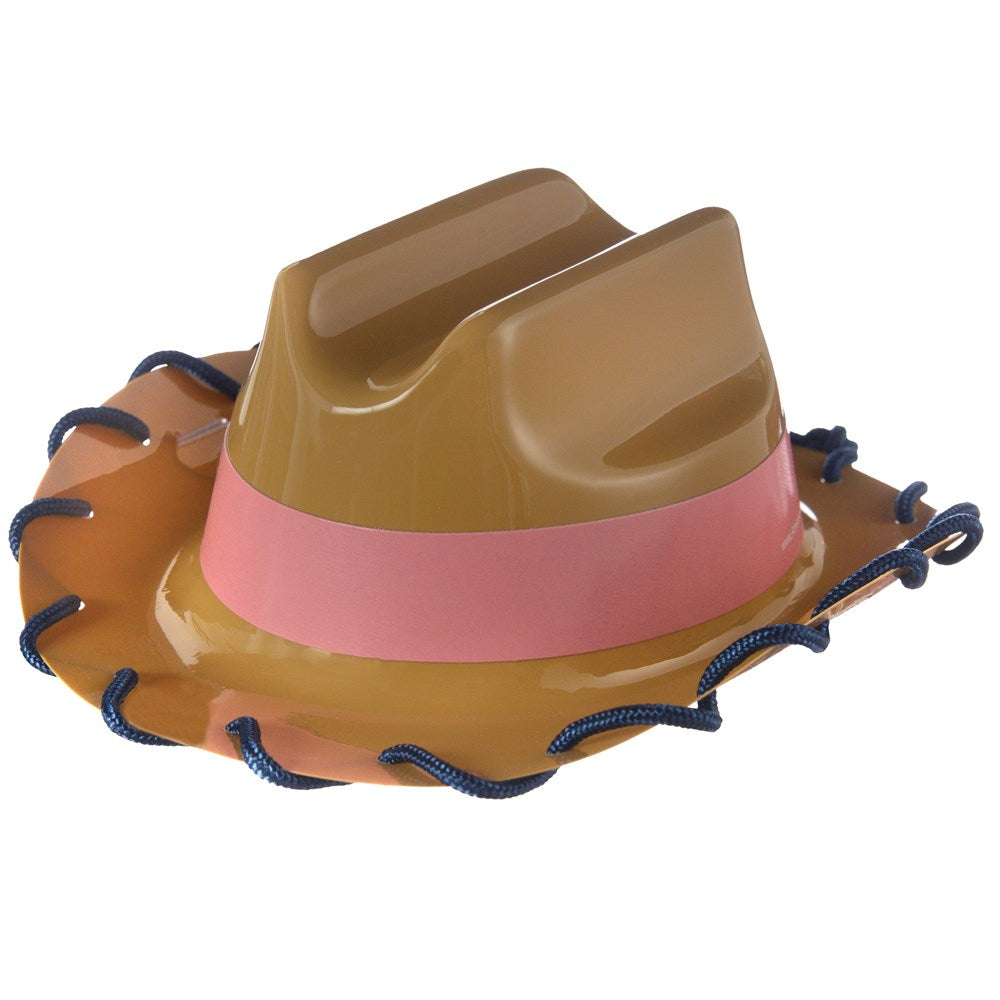 Brown plastic mini cowboy hat with a pink band and navy blue stitching along the brim.