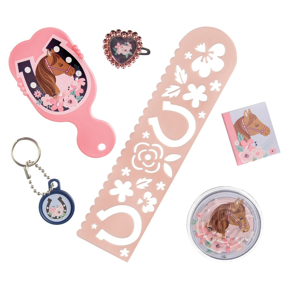 Pink hand mirror with horse illustration, pink stencil with horseshoes and flowers, horse keychains, small pink horse.