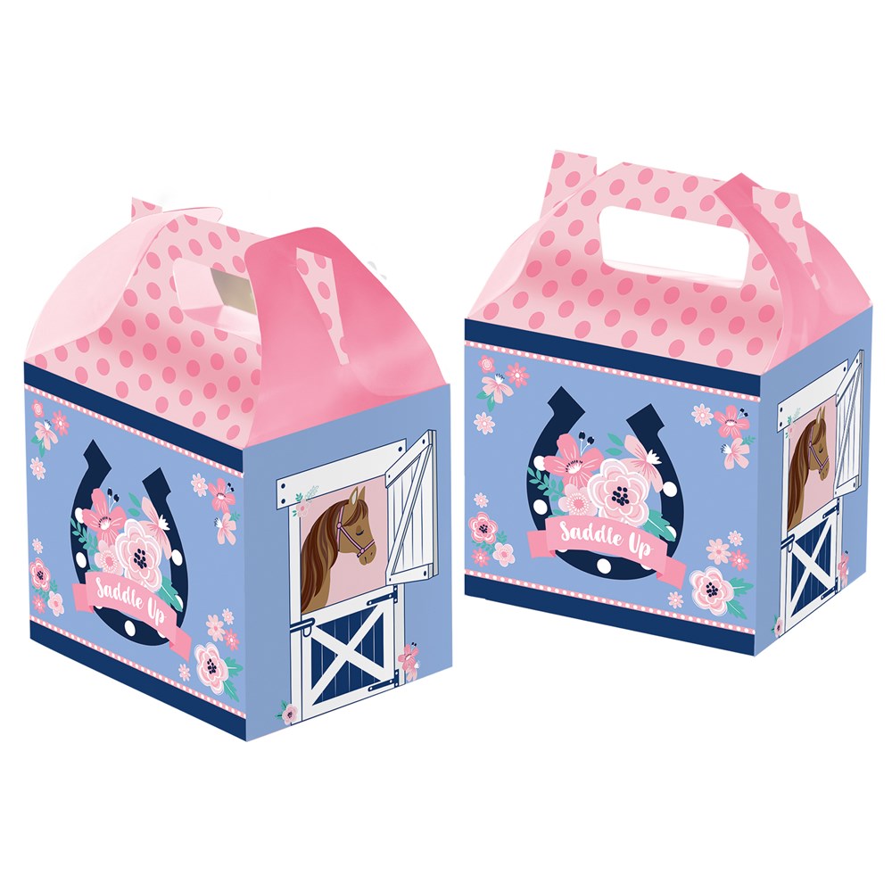 Pink and blue cardboard treat boxes with horse and horseshoe designs, flower accents, and built-in handles.